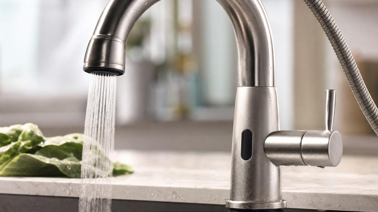 Detalhe da torneira gourmet com sensor, arejador e acabamento fácil de limpar.