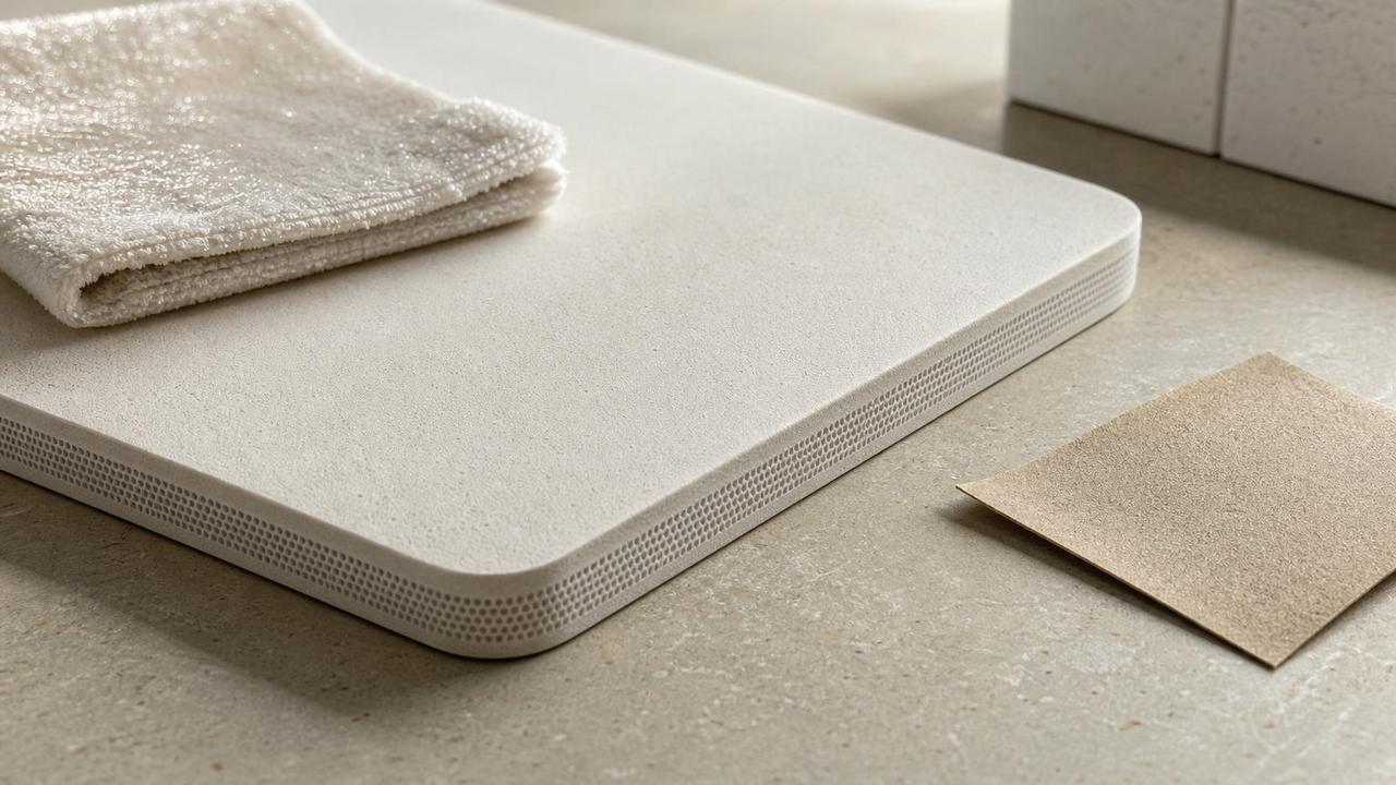 Detalhe da superfície porosa e da limpeza simples do tapete diatomita.