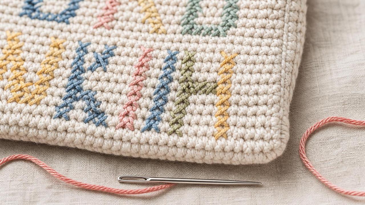 Detalhe do ponto atrás no bordado sobre base firme de crochê.