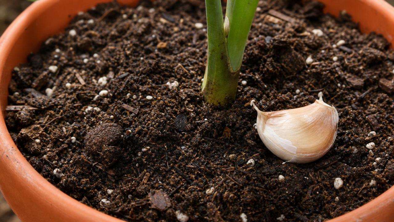 Aplicação superficial do alho no substrato, longe do caule da planta