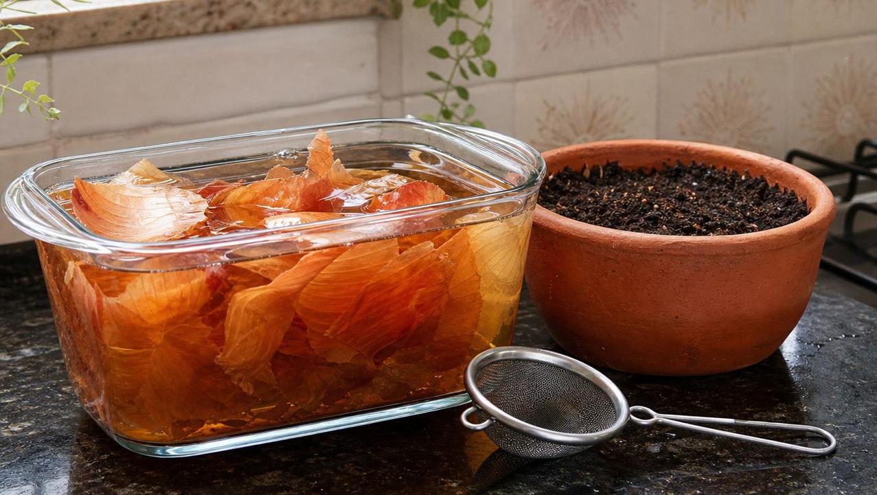 Preparo simples da água com casca de cebola antes da rega semanal.
