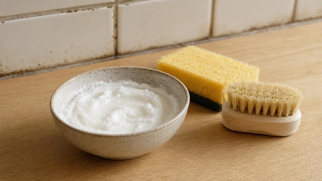 Pasta cremosa com bicarbonato e detergente facilita a limpeza do rejunte engordurado.