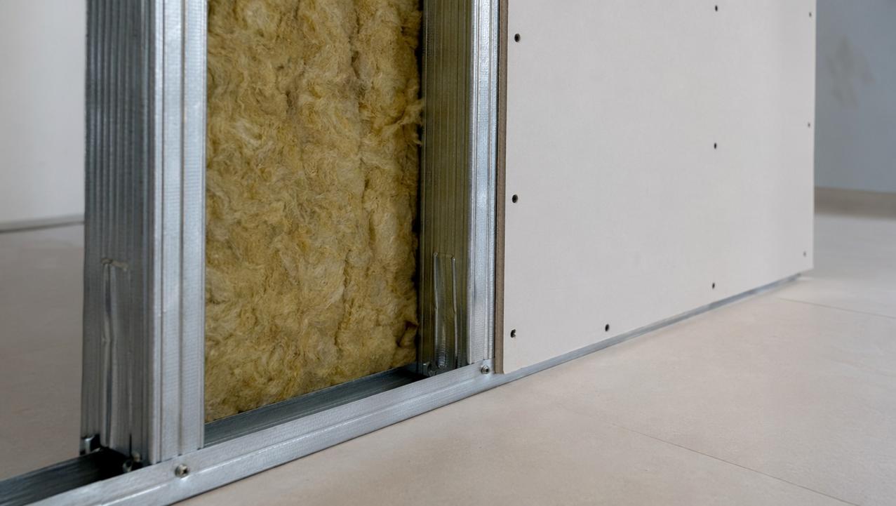 Estrutura metálica com lã mineral mostra as camadas da parede drywall