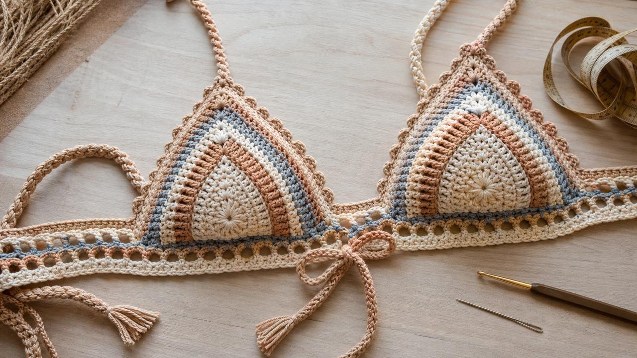 Detalhe dos bojos, alças e acabamento do top de crochê.