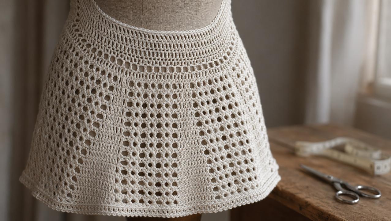 Detalhe dos pontos, cintura ajustada e acabamento firme do vestido de crochê