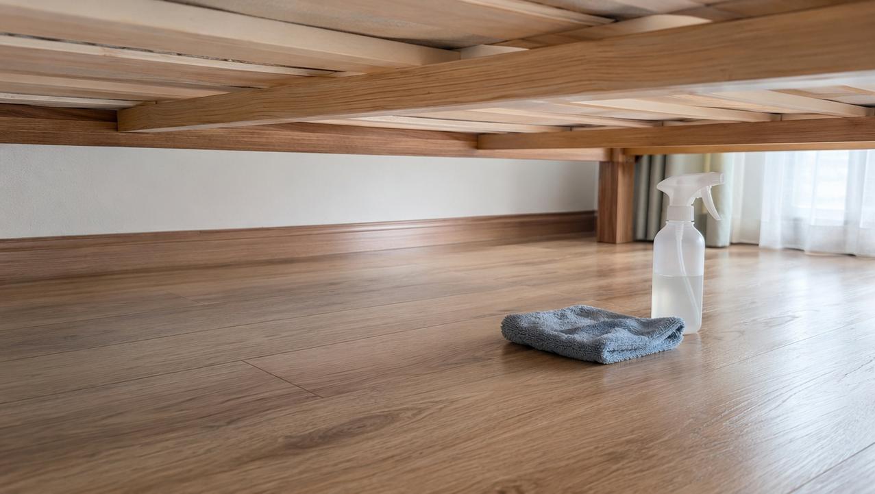 Detalhe da limpeza sob a cama com ventilação e pouco vinagre
